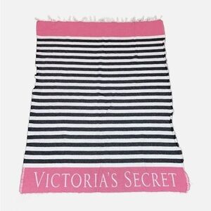 Victorias Secret Blanket Throw Cotton Black White Striped Logo Pink Beach NEW